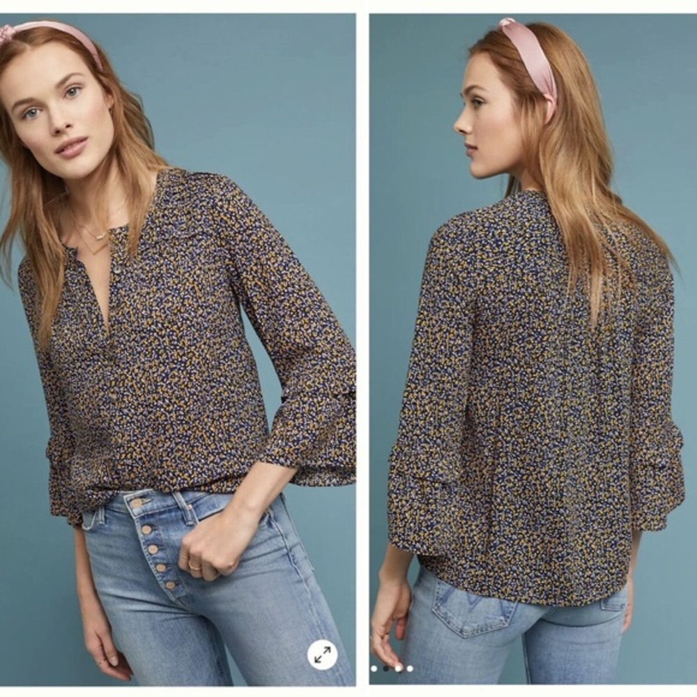Maeve by‎ Anthropologie Berwick Bell Sleeve Novelty Print Button Up Top Size S